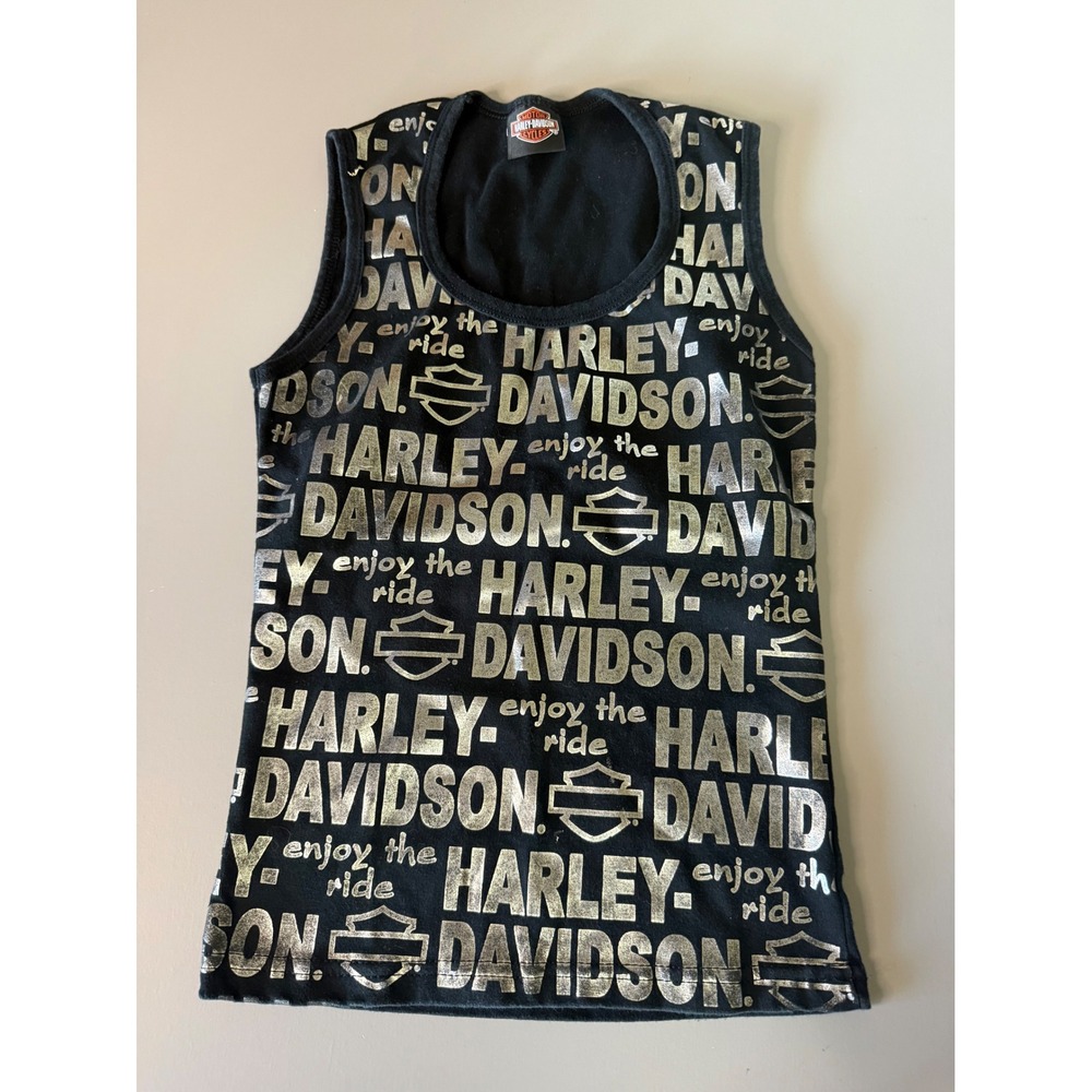 Harley Davidson Sturgis Tank Top Metallic Silver All Over Print Black Womens S